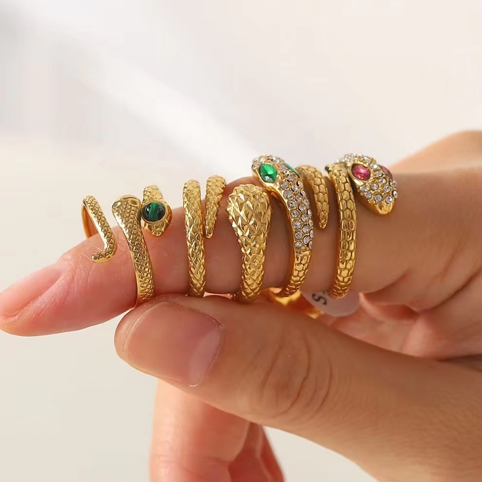 Chic Cubic Zircon Malachite Stacking Snake Ring Waterproof 18K Gold Plated Stainless Steel Opening Rings My Store