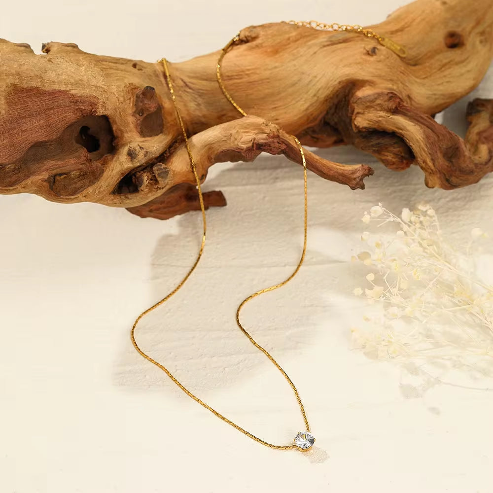 Waterproof Brilliant Solitaire Cubic Zirconia Pendant Necklace Ins 18K Gold Plated Diamond Stainless Steel Necklace Jewelry My Store