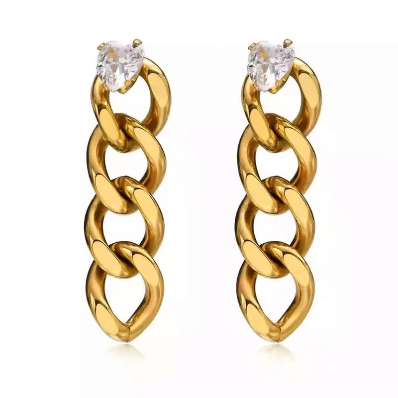 Hot Sale Ip Gold Plating Cubic Zircon Link Chain Pendant Earrings No Fade Stainless Steel Heart Shape Diamond Chain Earrings My Store
