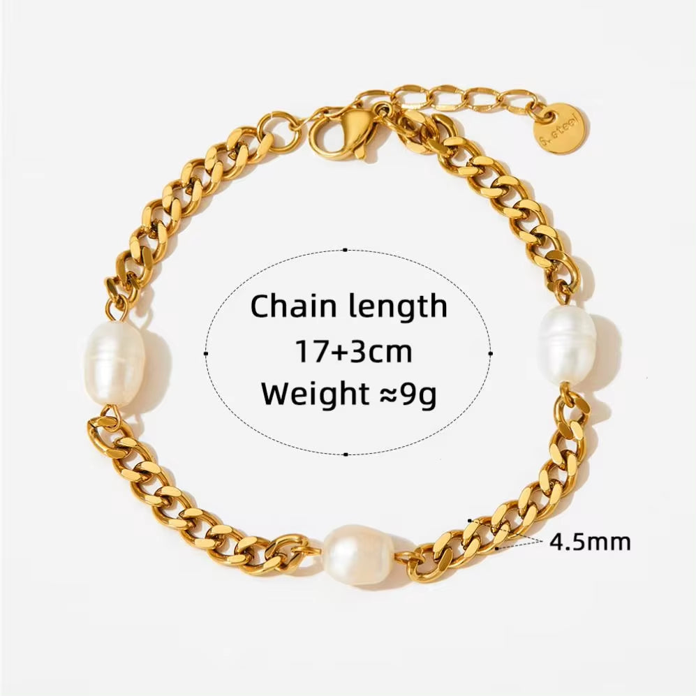 Vintage Pearl Charm Cuban Link Chain Bracelet 18K Gold Plated Stainless Steel Chain Bracelet My Store