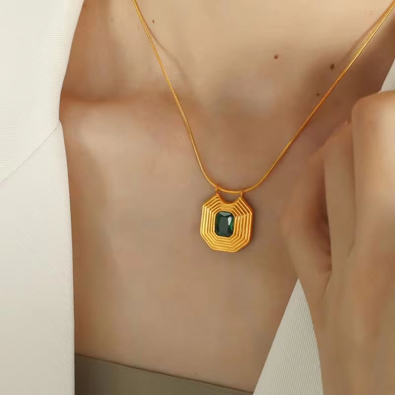 JEWELRY XL59 French Peplum Square Pendant Necklace 18K Gold Vintage Style Geometric Inlaid Glass Stone Necklace My Store
