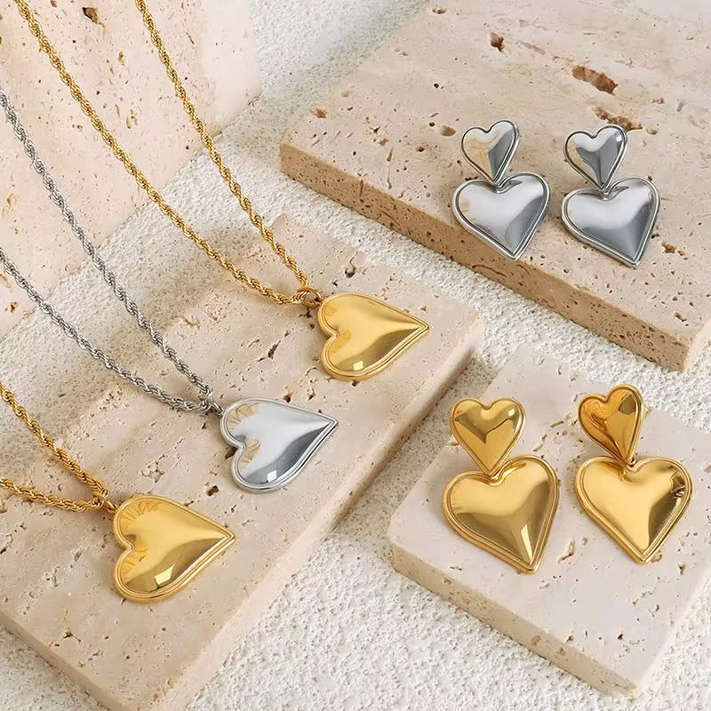 INS Stainless Steel 18K Gold PVD Plated Personalized Heart Earrings Necklace Titanium Steel Heart Choker Necklace My Store