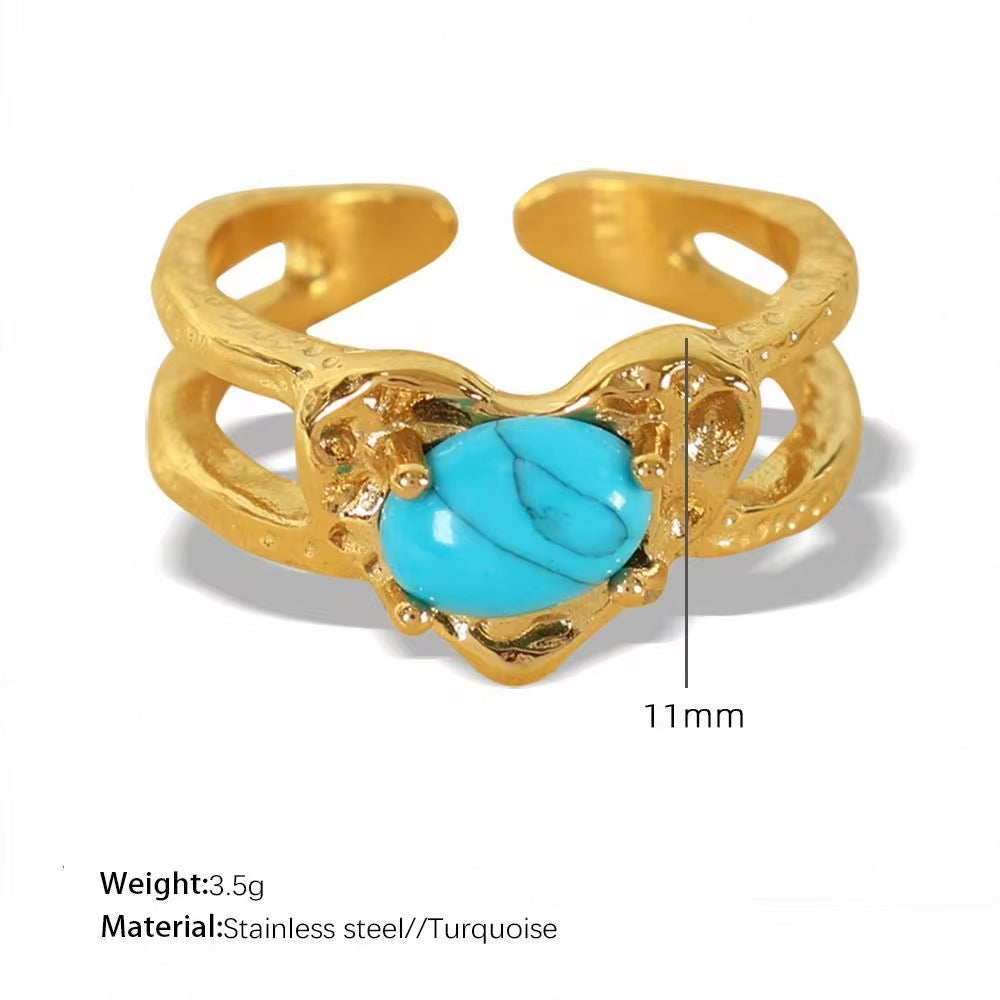 JEWELRY JZ17-8 2024 Vintage Heart Ring Tiger Eye Turquoise Ring Stainless Steel Ring My Store