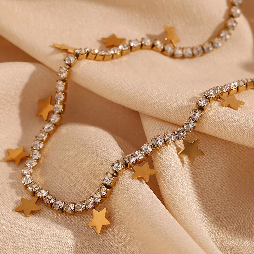 Shining Zircon Tennis Chain Necklace Gold Plated Star Charm Necklace Stainless Steel Jewelry My Store