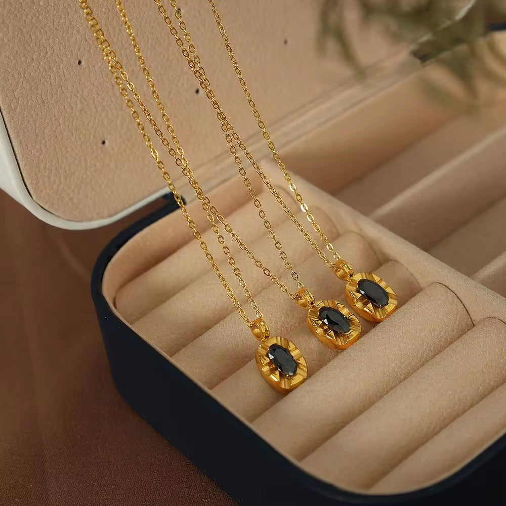 JEWELRY XL22 French Midnight Black Tea Collarbone Chain Black Zirconia Oval Engraved Stainless Steel Necklace My Store