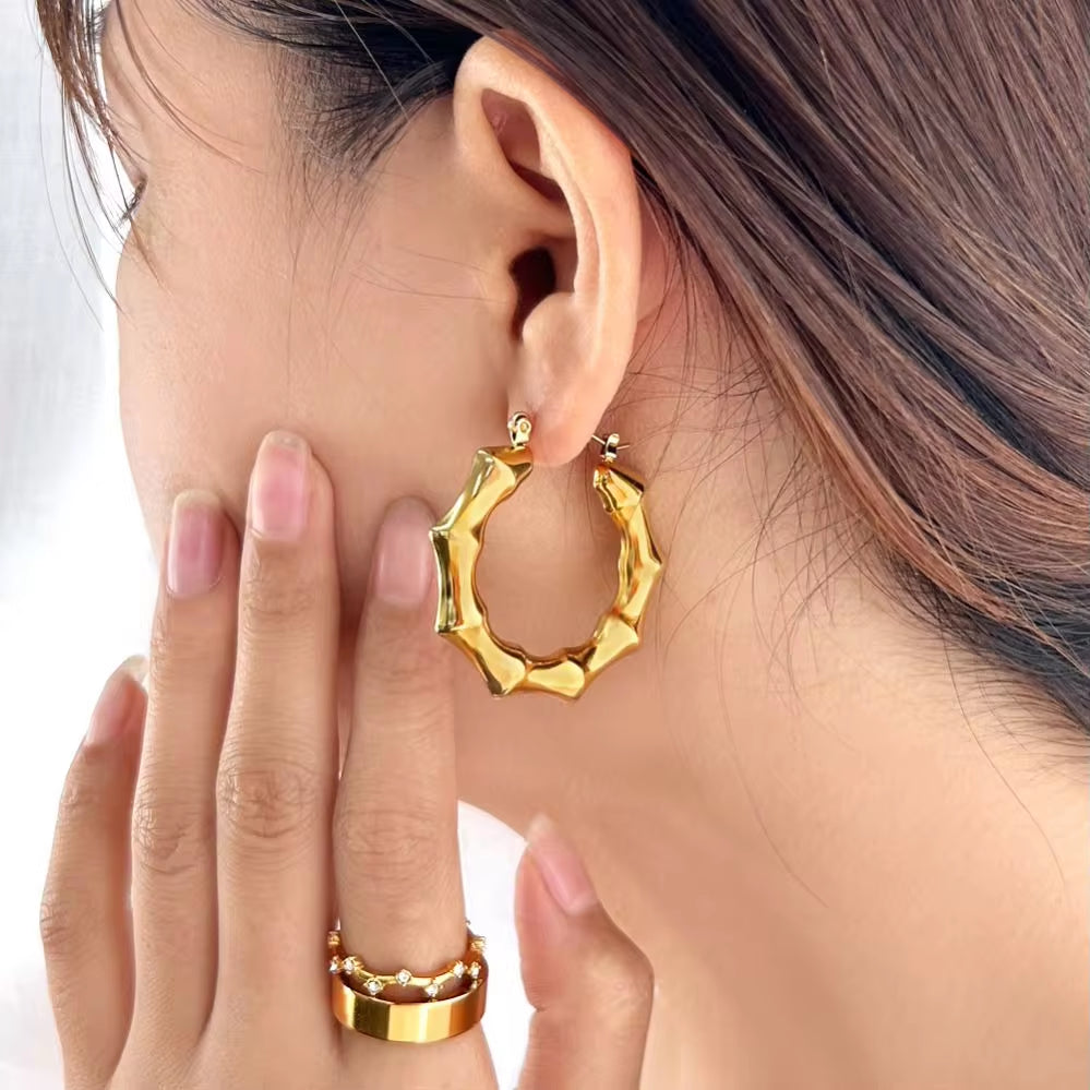 New Punk Bamboo round Gold Earrings Hoop Thick Earrings Twisted Big Metal Geometric for Women Drop Earrings Fashionable My Store