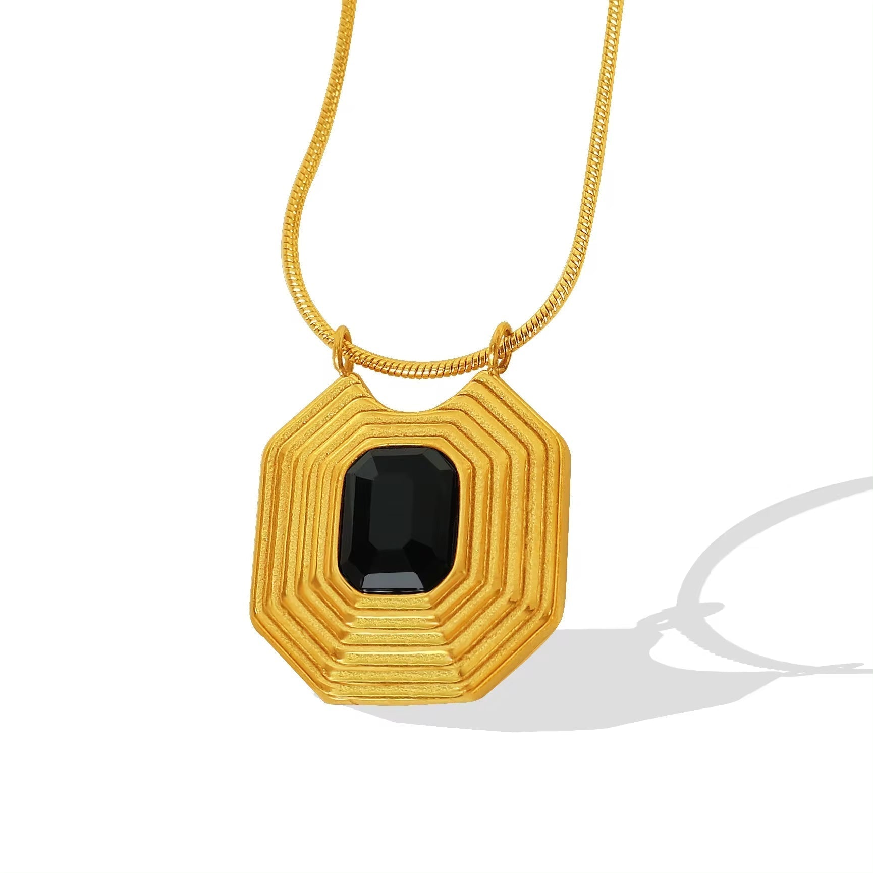 JEWELRY XL59 French Peplum Square Pendant Necklace 18K Gold Vintage Style Geometric Inlaid Glass Stone Necklace My Store