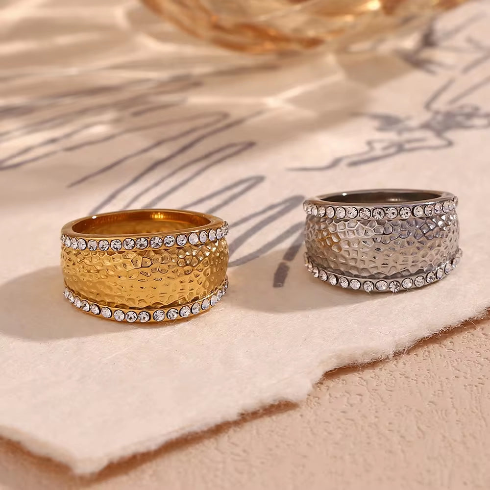 Vintage Hammered Zircon Signet Ring PVD Gold Plated Jewelry Stainless Steel Statement Jewelry My Store