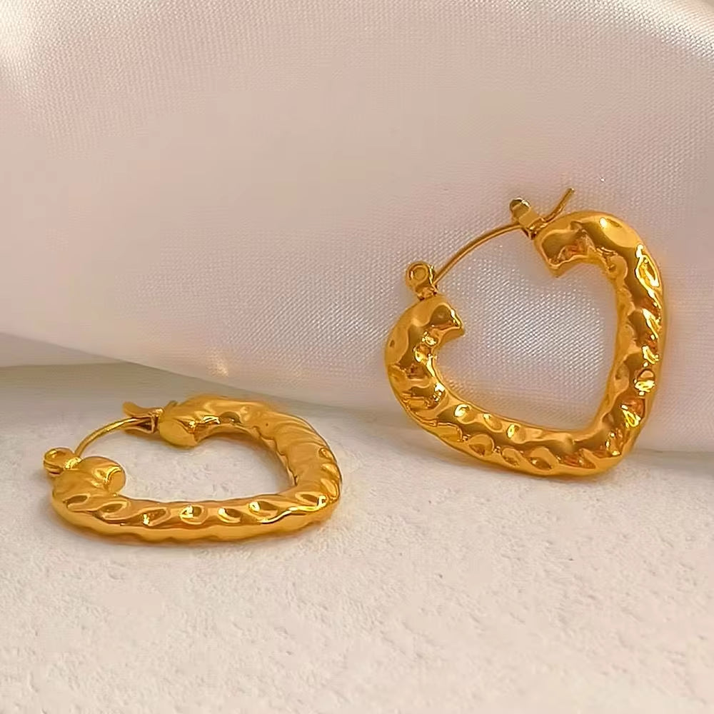 Hot Sale Hip Hops Embossed Texture Geometric Clip on Earrings Trendy Gold Plated Large Heart Rectangular Hoop Earrings F My Store