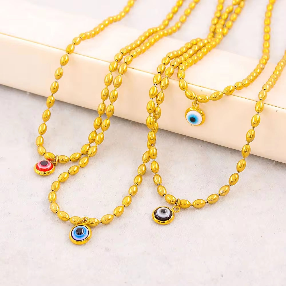 Wholesale Custom Stainless Steel Jewelry 18K PVD Gold Plated Oval Rice Bead Eyes Pendant Necklace for Women My Store