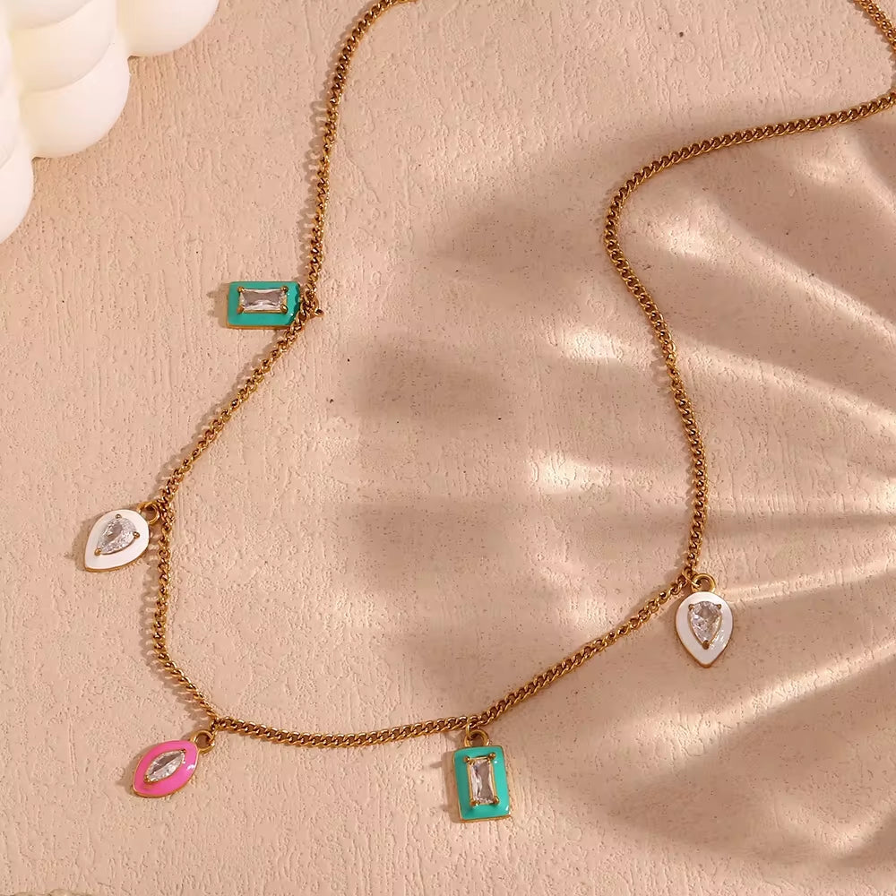 Shining Zircon Enamel Charm Necklace Gold Plated Jewelry Water Drop Choker Necklace Stainless Steel Necklace My Store