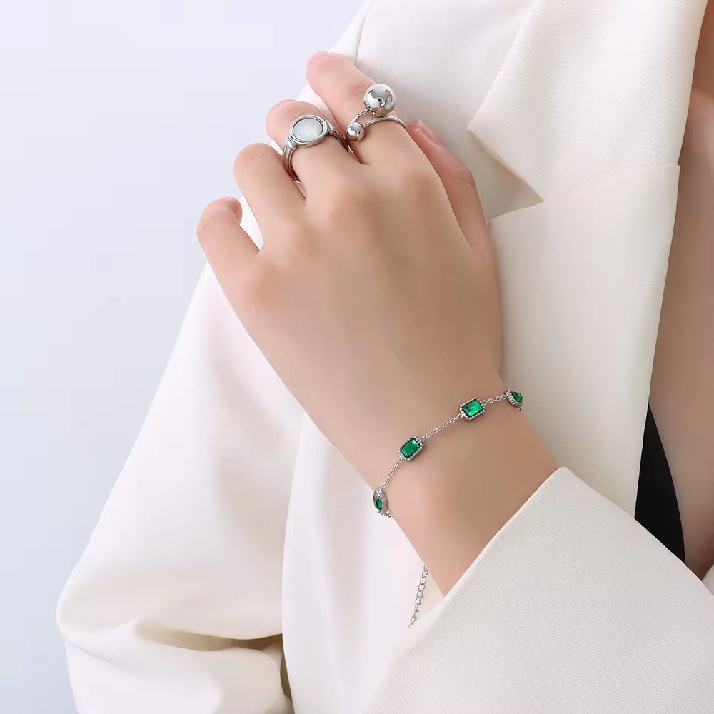Factory OEM Trendy Goldfilled Jewelry Stainless Steel Crystal Bracelets Women Emerald Square Zircon Bracelet My Store
