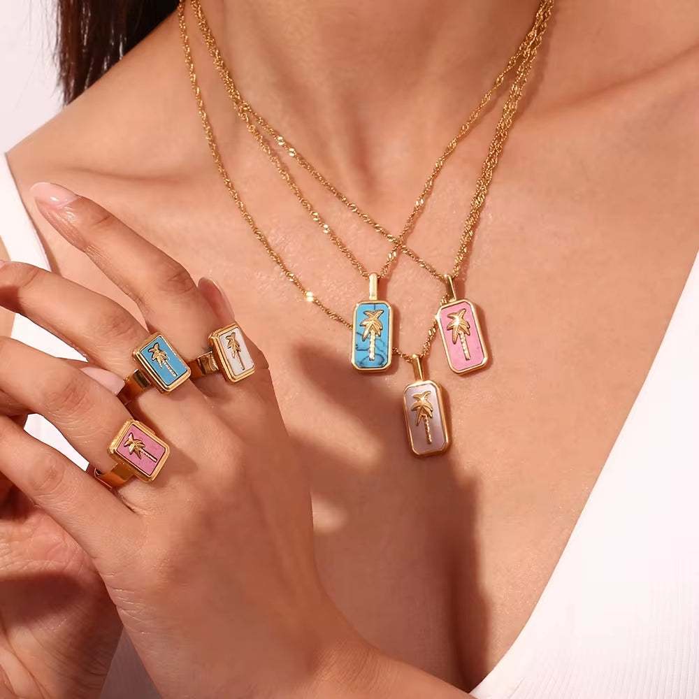 Spring 2024 Fashion Colorful Enamel Coco Pendant Necklace Gold Plated Tarot Necklace Stainless Steel Jewelry My Store