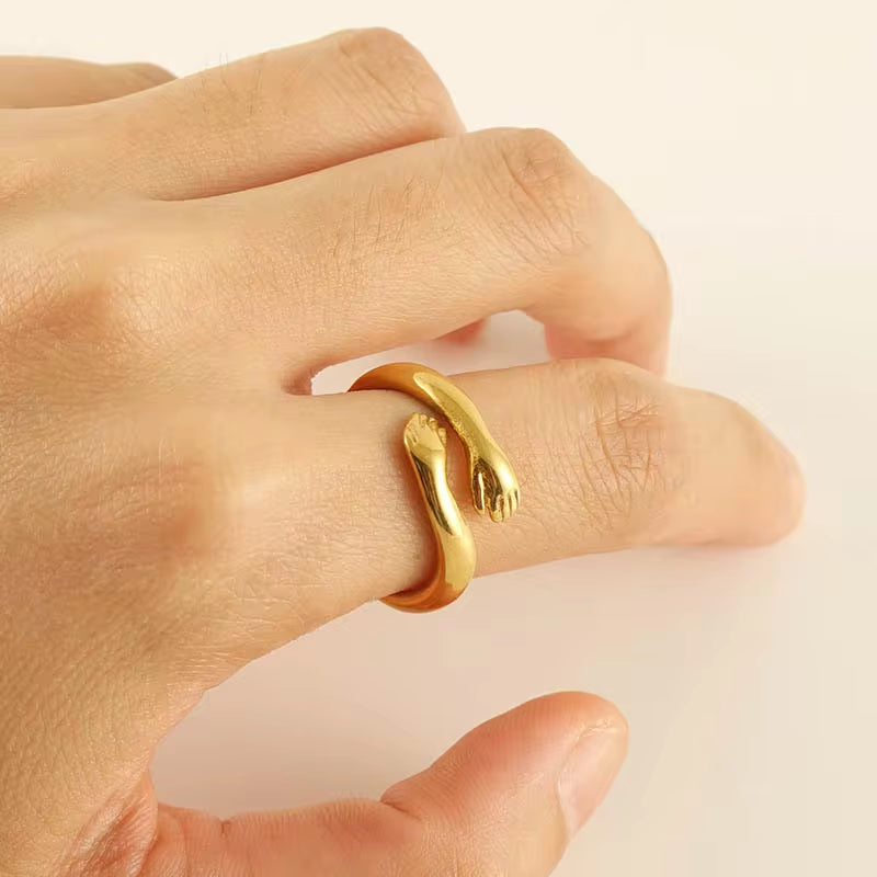 High Quality Vintage Wide Love Hands Embracing Ring Stainless Steel Tarnish Free Hand Hug Open Ring My Store