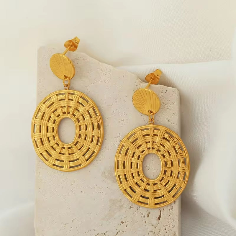 JEWELRY EH207 French Vintage Earrings 18K Gold Plated Hollowed Out Disc Earrings Fashion Hoop Earrings My Store