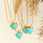 JEWELRY XL95 New Emerald 18K Gold Stainless Steel Heart Shaped Turquoise Pendant Necklace My Store