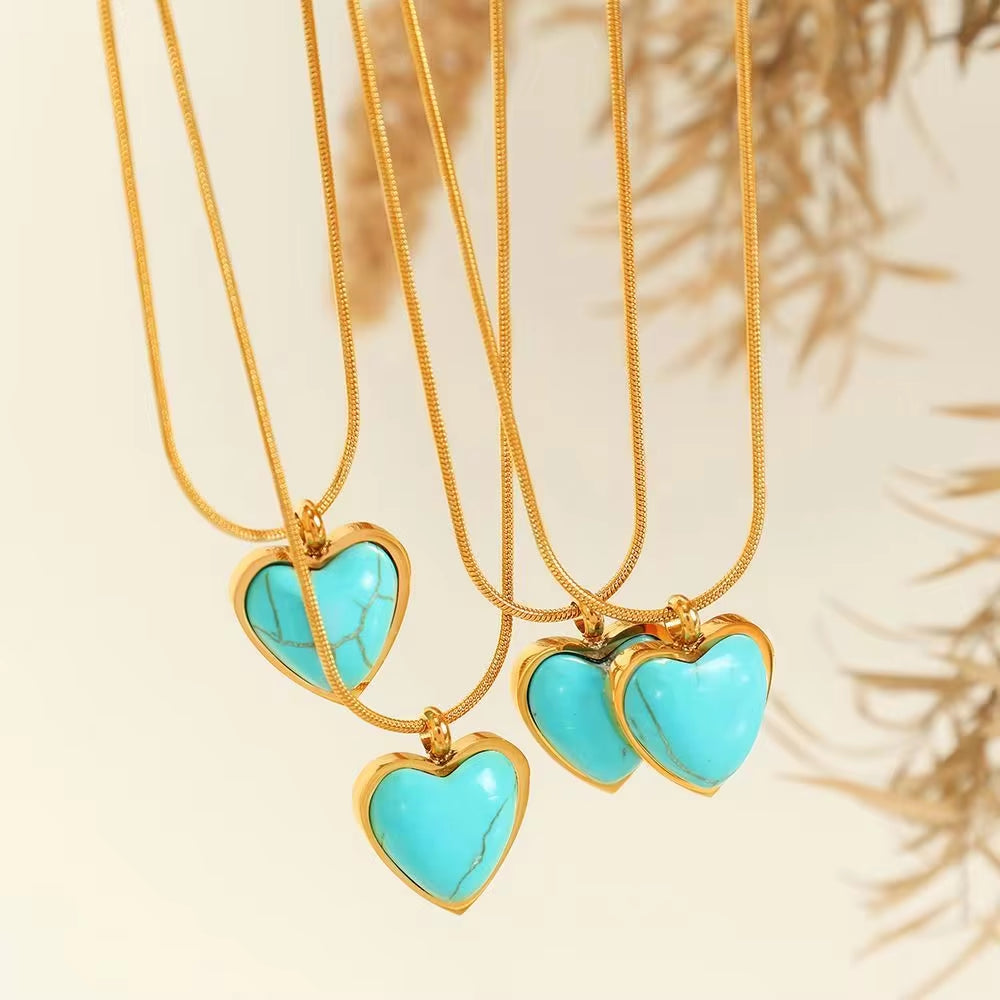 JEWELRY XL95 New Emerald 18K Gold Stainless Steel Heart Shaped Turquoise Pendant Necklace My Store