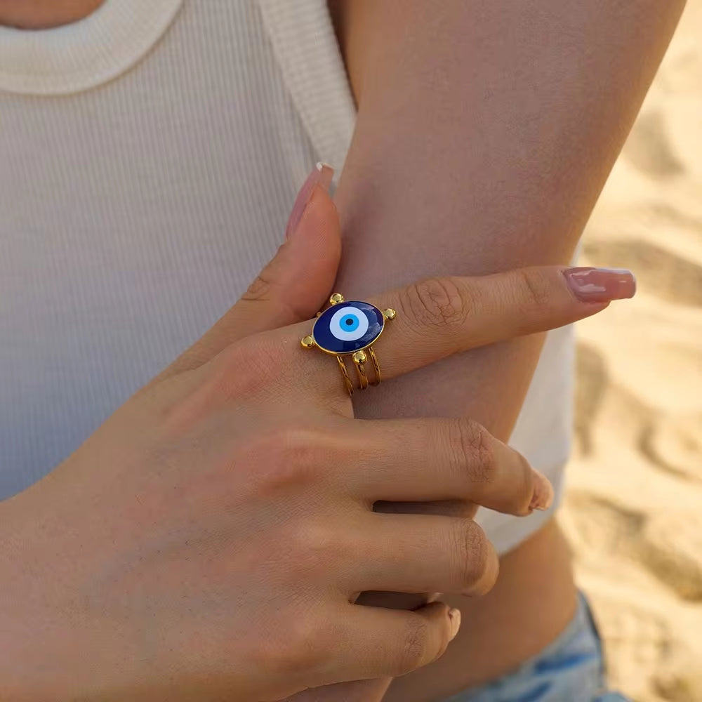 Jewelry 18K Gold Plated Eye Ring Stainless Steel Hollow Layer Blue Enamel Evil Eyes Open Rings My Store