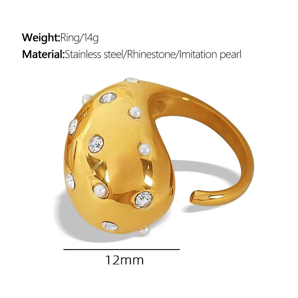 JEWELRY JZ24-5 Fashion Micro Diamond Gum Bead Open Teardrop Ring Stainless Steel 18K Gold Plated My Store