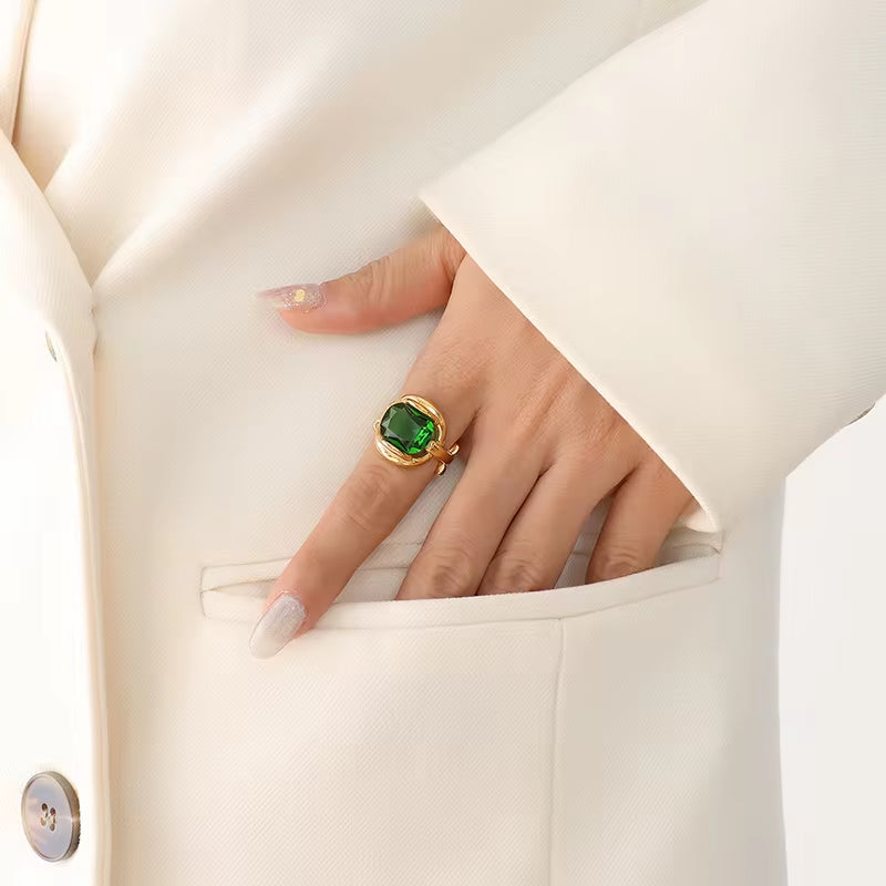 Gold Plated Stainless Steel Link Chain CZ Finger Titanium Steel Green Ring for Women My Store