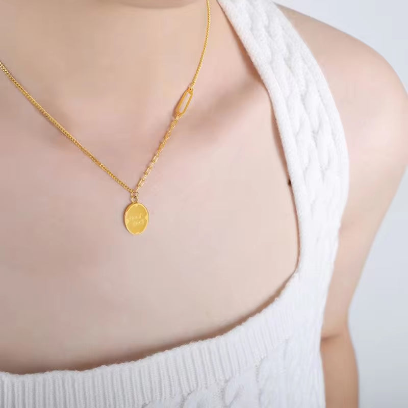 Geometric Oval GOOD LUCK Engraved Letter Pendant Necklace Gold 18K Stainless Steel Chain Necklace Women Jewelry My Store