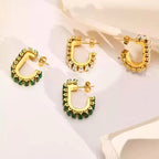 Good Quality 18K Gold Plated Green Cubic Zircon Earrings Deliate No Fade Stainless Steel Bling Diamond U Shape Earrings My Store