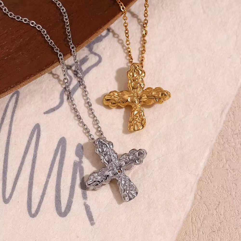 Hammered Cross Necklace 18K Gold Plated Jewelry Waterproof 316L Stainless Steel Titanium Jewelry My Store