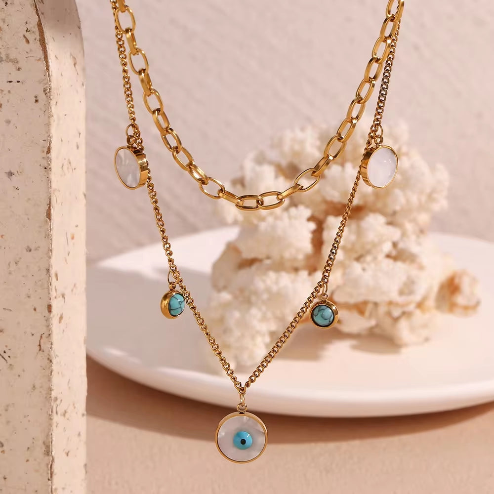 Turquoise Evil Eye Charm Necklace Double Layer Chain Necklace Gold Plated Stainless Steel Jewelry My Store