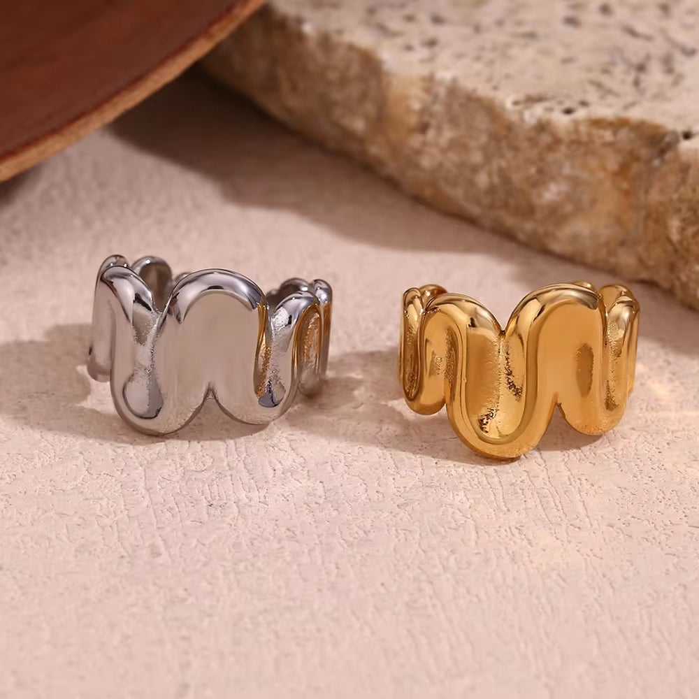 2024 Jewelry Water Wave Signet Ring Gold Plated Jewelry Stainless Steel Statement Rings My Store