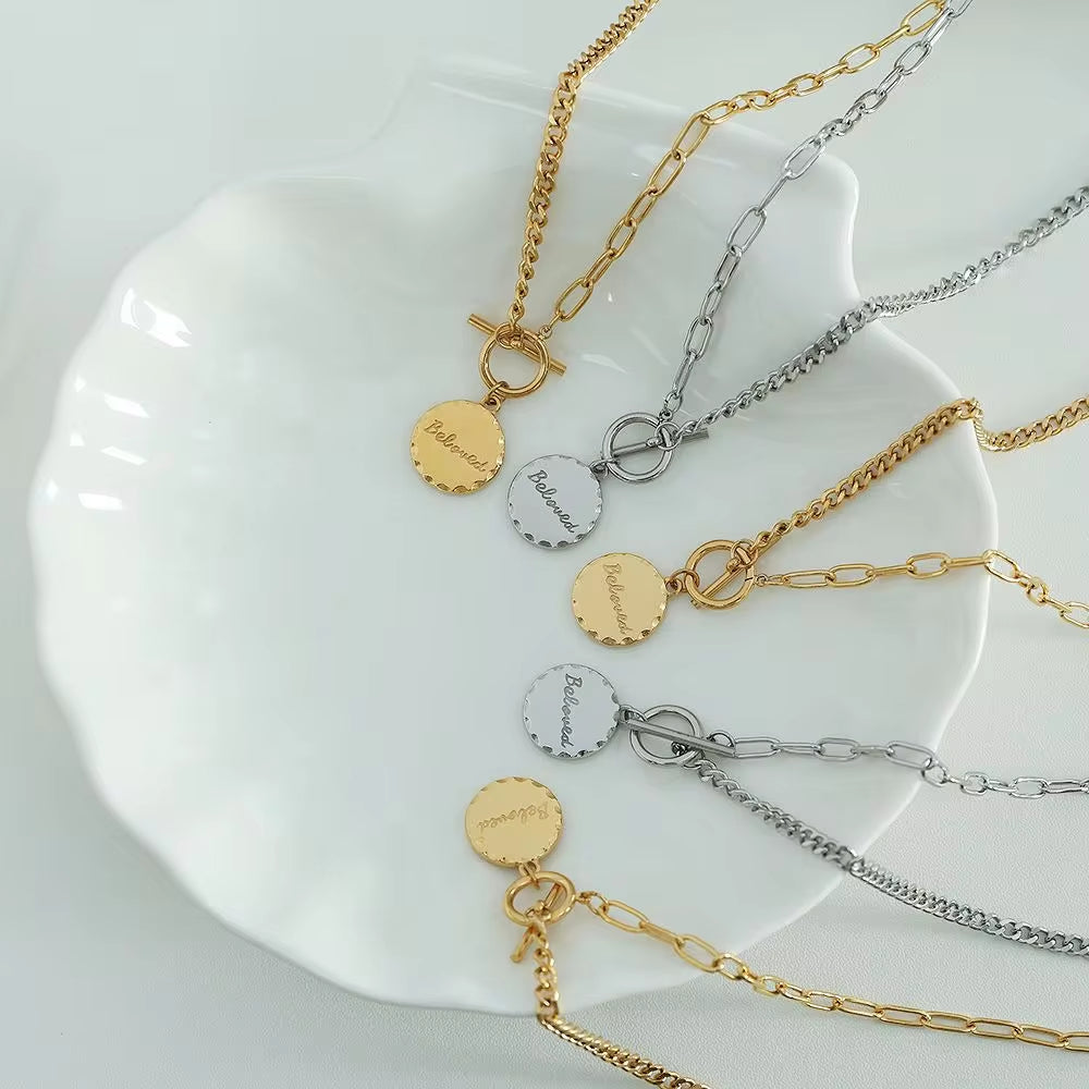 JEWELRY XL12 Wholesale OT Buckle round Plaque Necklace Women'S Alphabet Duplex Fashionable Collarbone Chain My Store
