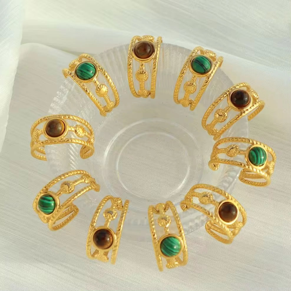 JEWELRY JZ26-27 Hot Sale Tiger Eye Turquoise Skeleton Ring Stainless Steel Open End Ring My Store