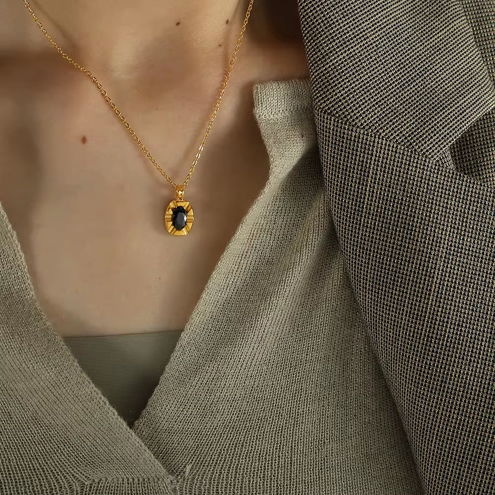 JEWELRY XL22 French Midnight Black Tea Collarbone Chain Black Zirconia Oval Engraved Stainless Steel Necklace My Store