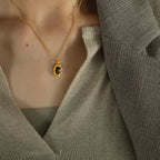 JEWELRY XL22 French Midnight Black Tea Collarbone Chain Black Zirconia Oval Engraved Stainless Steel Necklace My Store