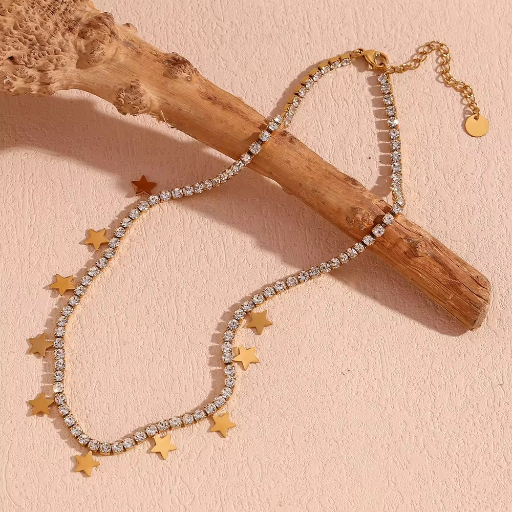 Shining Zircon Tennis Chain Necklace Gold Plated Star Charm Necklace Stainless Steel Jewelry My Store