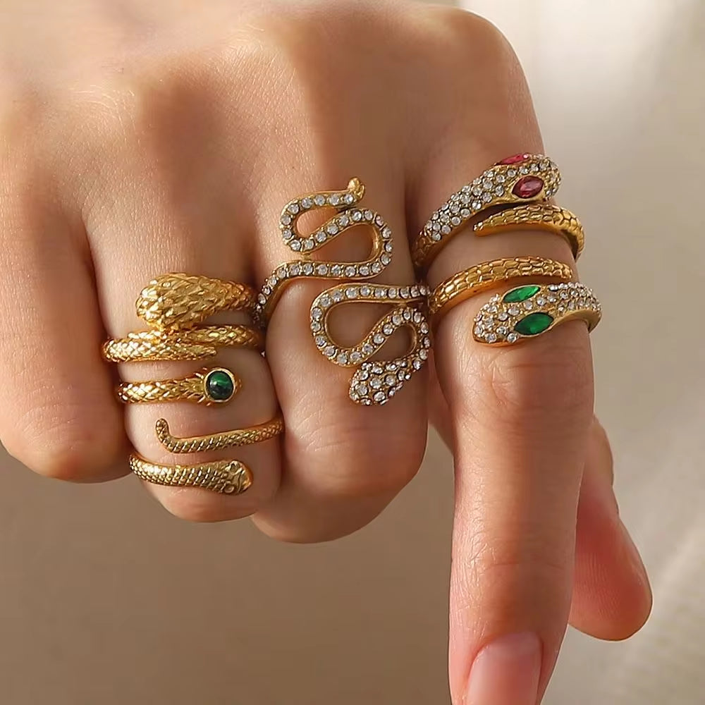 Chic Cubic Zircon Malachite Stacking Snake Ring Waterproof 18K Gold Plated Stainless Steel Opening Rings My Store