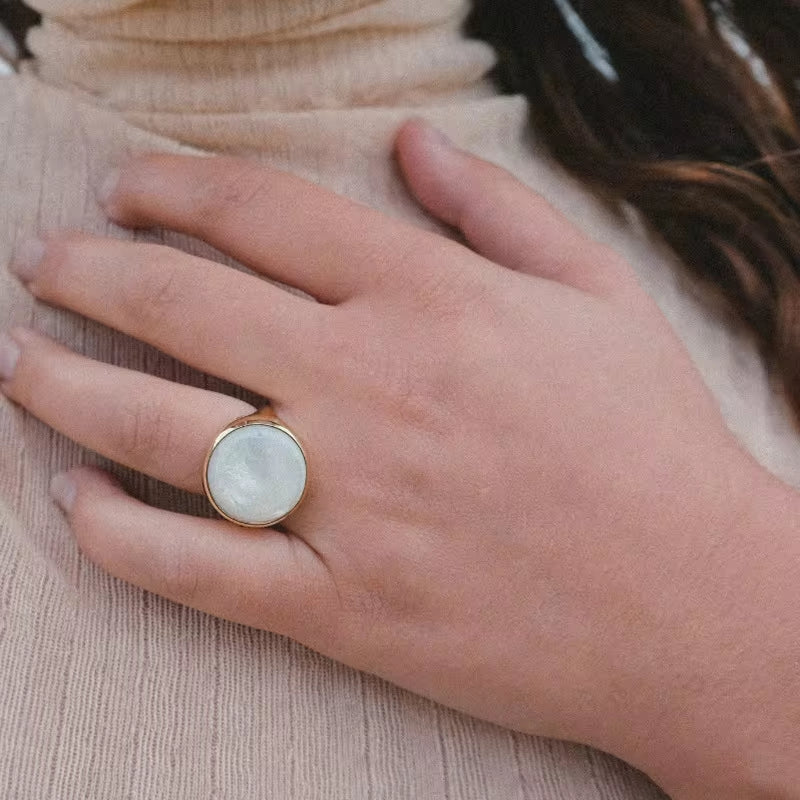 Waterproof 18K Gold Plated Oval Abalone Shell Rings Stainless Steel Jewelry Dainty round Natural Shell Rings My Store