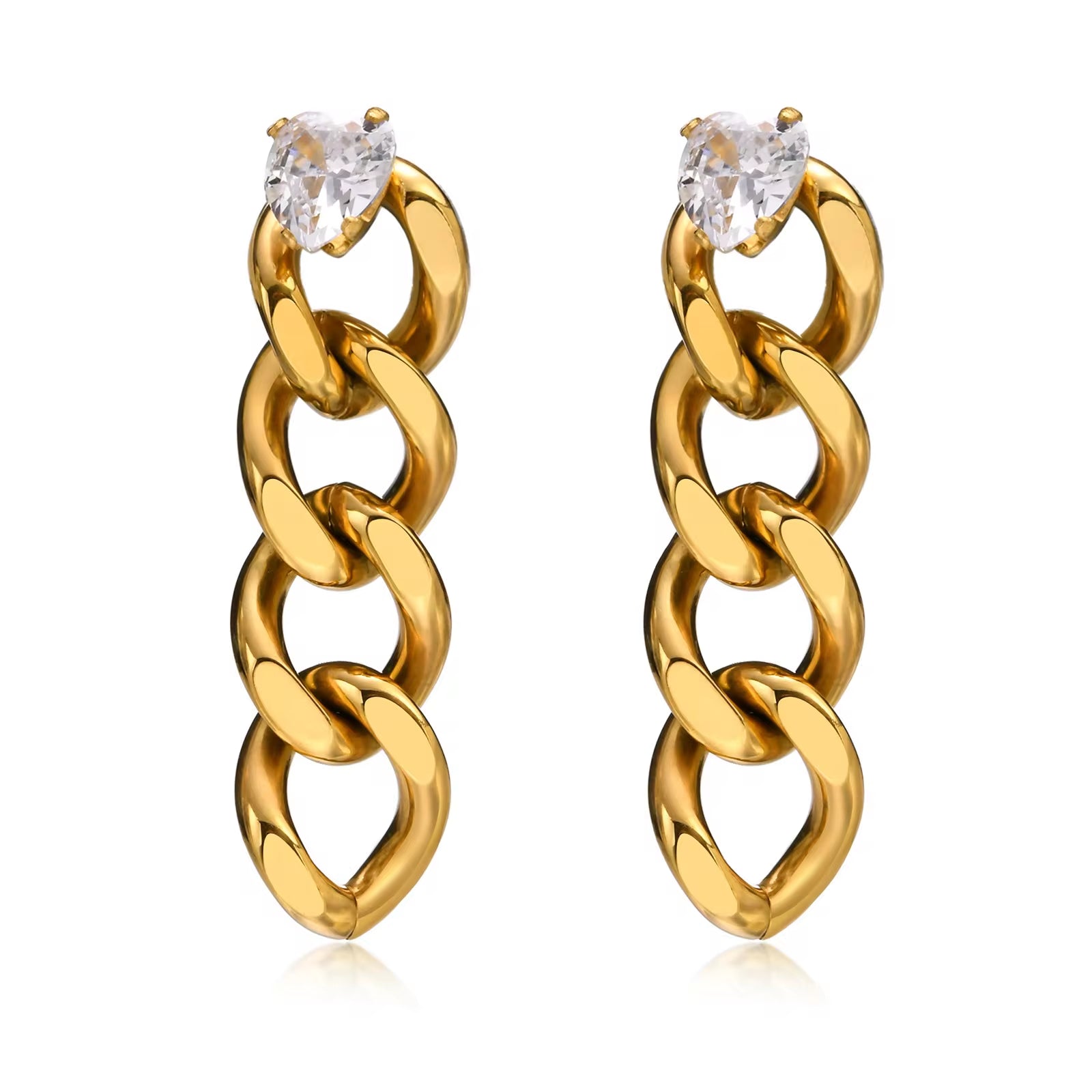 Hot Sale Ip Gold Plating Cubic Zircon Link Chain Pendant Earrings No Fade Stainless Steel Heart Shape Diamond Chain Earrings My Store