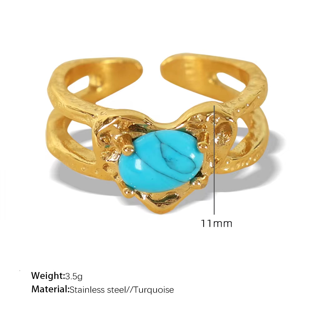 JEWELRY JZ17-8 2024 Vintage Heart Ring Tiger Eye Turquoise Ring Stainless Steel Ring My Store