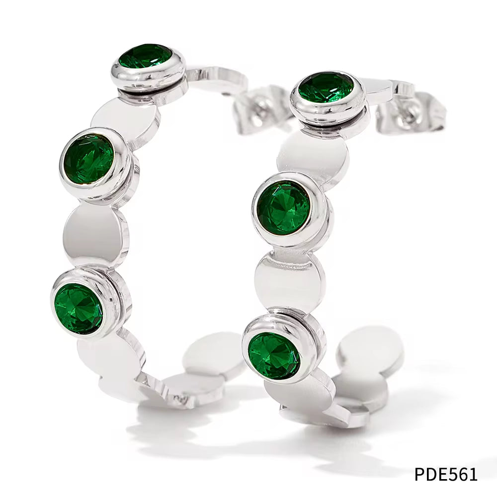 Waterproof Charm Fashion Jewelry 18K Gold Plated Stainless Steel Green Colorful Cubic Zirconia Hoop Earrings Women My Store