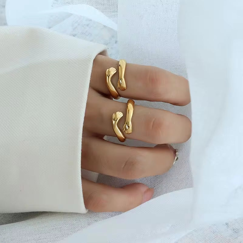18K Gold Plated Cute Hand Hug Stainless Steel Embrace Hug Finger Open Ring Women My Store