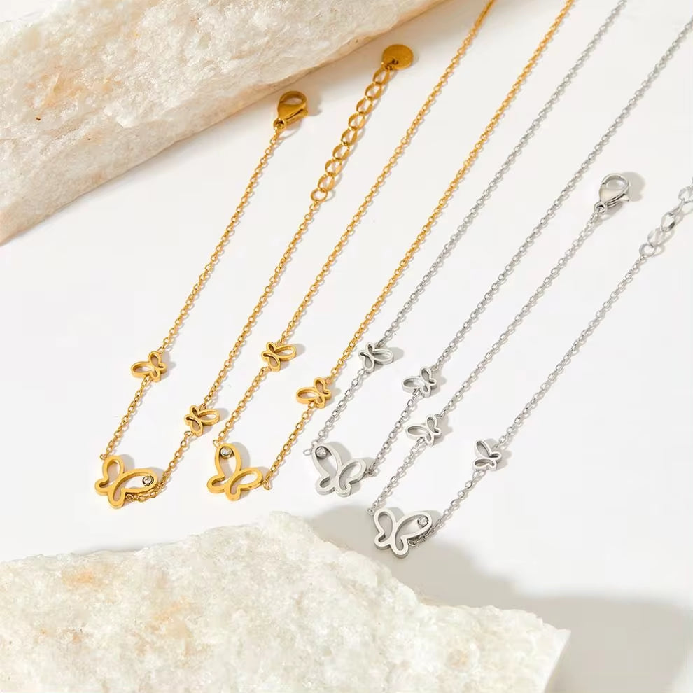 Ins Gold Plated Stainless Steel Three Butterfly Shape Hollow Zircon Necklace Bracelet Thin Chain Gift Bracelet My Store