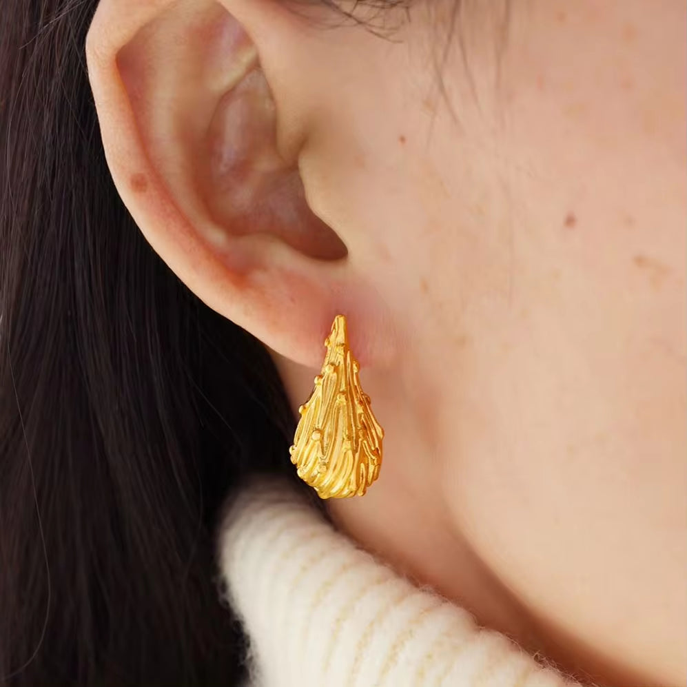 JEWELRY EH234 French Fashion Hollowed Out Water Drops Pleated Texture Stud Earrings Colour Retention Earrings My Store