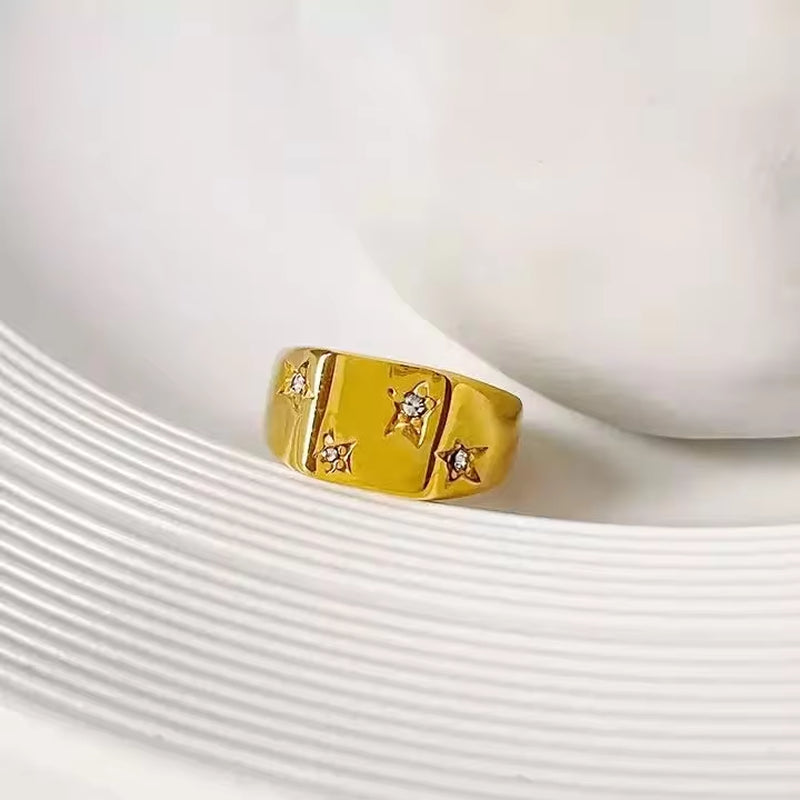 Stylish High Polished Stainless Steel Pentagram Cz Geometric Ring 18K Gold Plating No Fade Titanium Steel Smooth Square Ring My Store