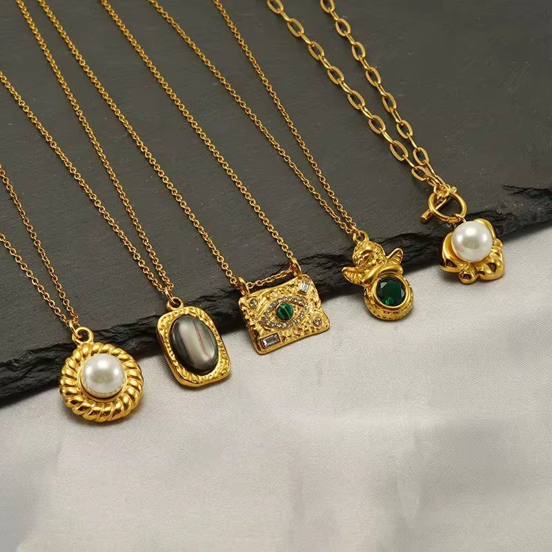 Fashion Waterproof Natural Stone Necklace Pendant Stainless Steel Gold Plated Pearl Necklace My Store
