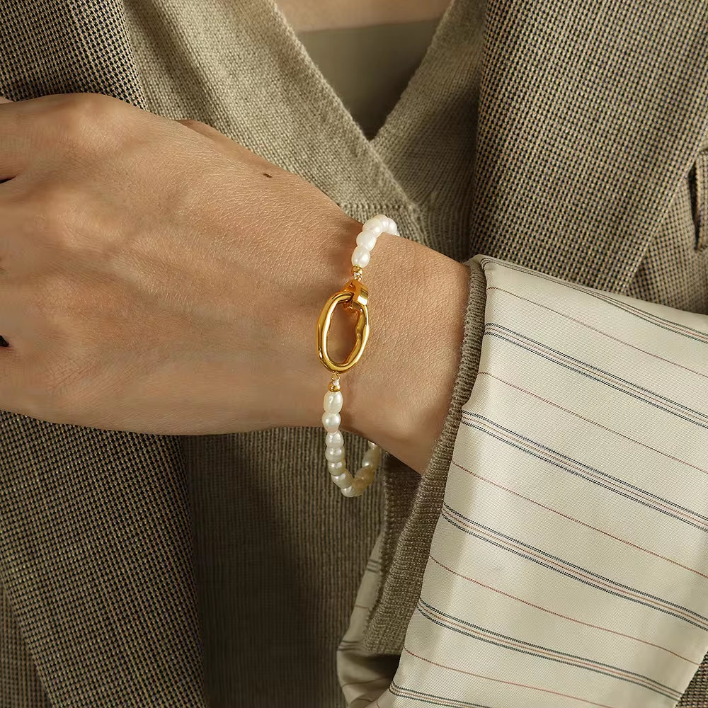 JEWELRY XL19-SL04 Fashion Freshwater Pearls Bracelet Necklace Set Women Stainless Steel Choke Chain My Store