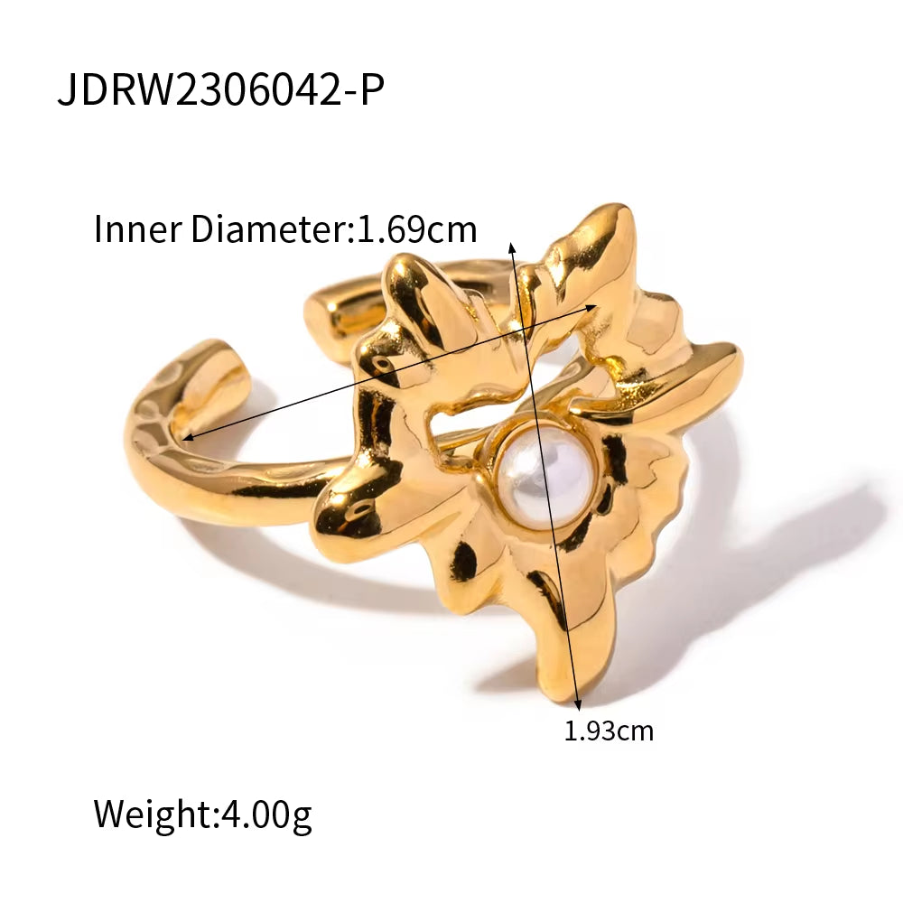 Design Lava Heart Pearl 18K Stainless Steel Gold Plated Hollow Heart Maple Leaf Open Ring for Women My Store