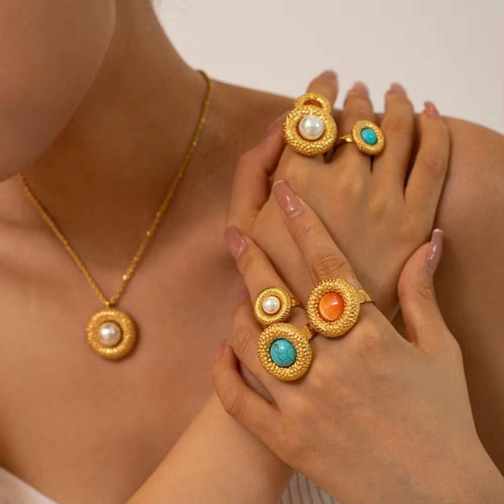 18K Gold Plated Texture Choker Jewelry Set Anniversary Romantic round Shell Pearl Stainless Steel Pendant Necklace My Store