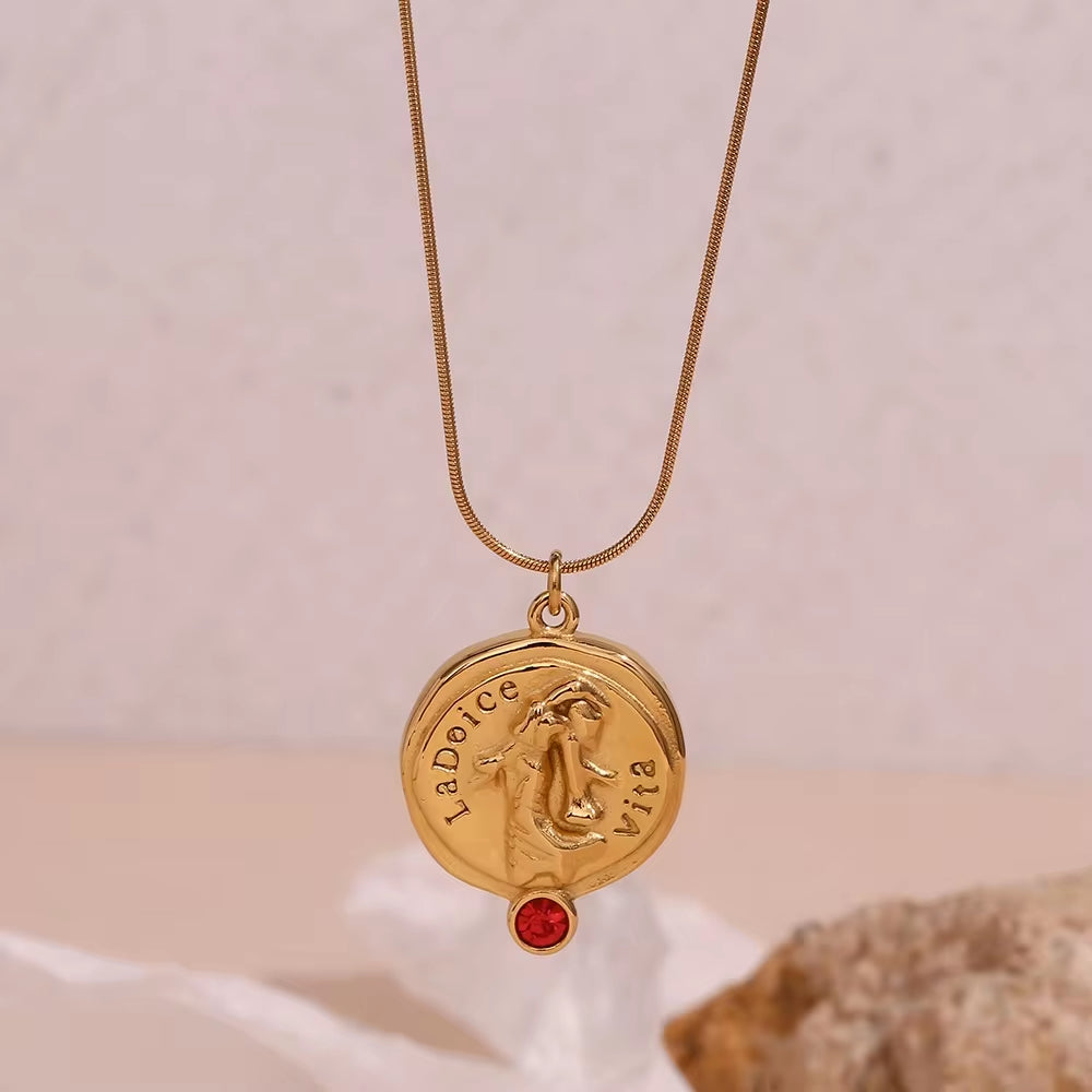 Engraved La Dolce Vita Fashion Lady Pendant Necklace Red Zircon Gold Plated Stainless Steel Jewelry My Store