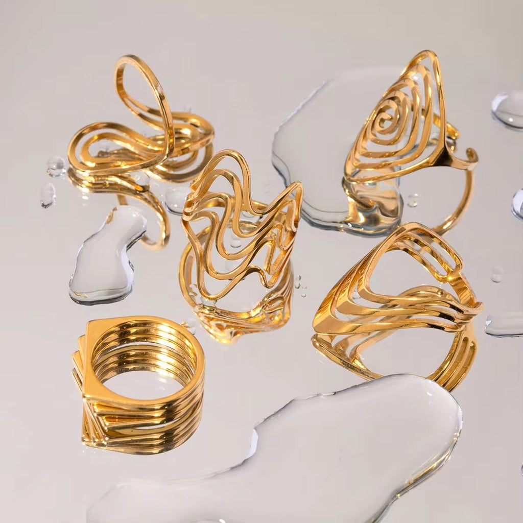 Geometric Jewelry Stainless Steel Ring Girls 18K Gold Plated Thin Lines Hollow Spiral Stacking Rings My Store