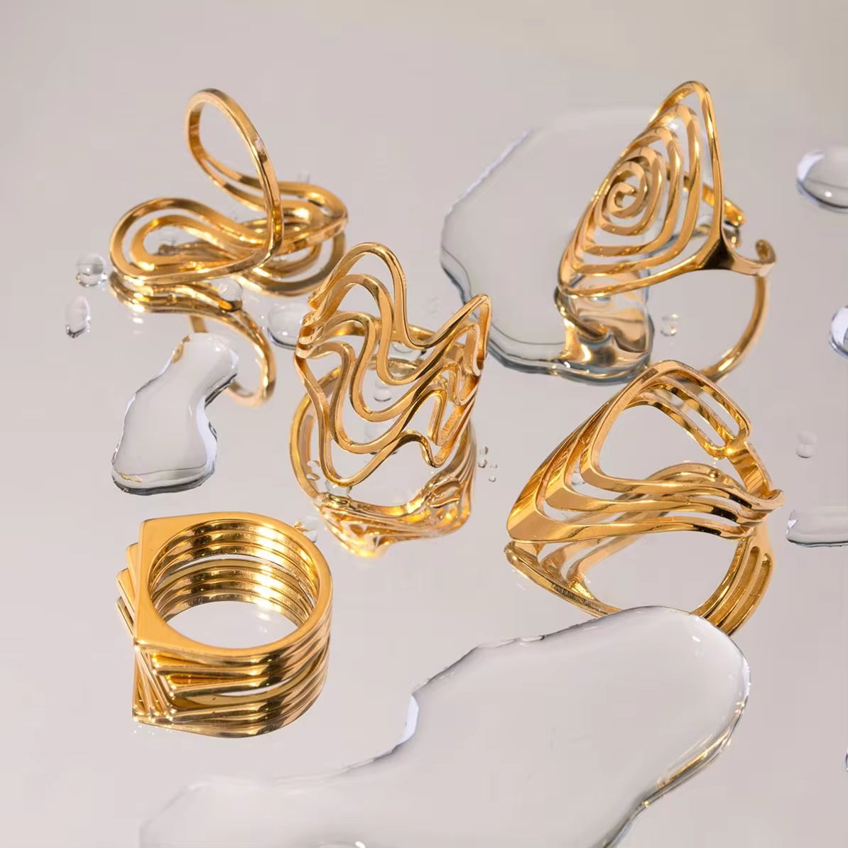 Geometric Jewelry Stainless Steel Ring Girls 18K Gold Plated Thin Lines Hollow Spiral Stacking Rings My Store